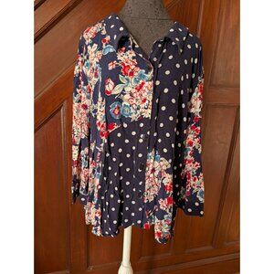 Studio Nouveau Womens 3X Polka Dot & Floral Button-Down Blouse